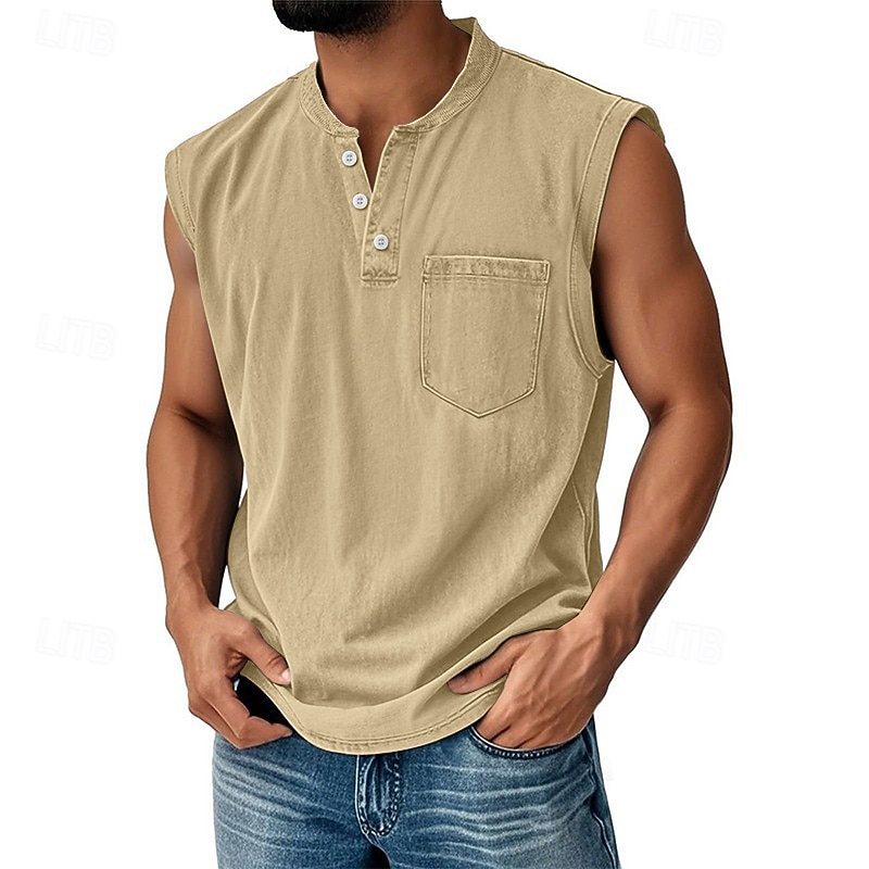 Regata masculina vintage 100% algodão com lavagem ácida, camiseta sem mangas, camiseta regata sem mangas estilo henley, camiseta básica de verão lisa, de grife, com bolsos e botões, para férias, estilo urbano, preta, para homens. de 2026 por $23.99 –P14