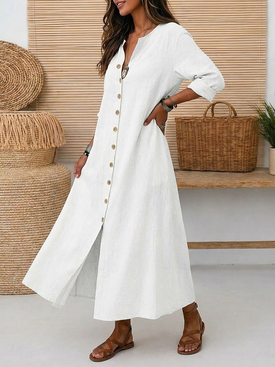 Dames Maxi-jurk Linnen jurken Vintage Dagelijks Ruim Passend Heldere kleur Lange mouw V-hals Rood Zomer 2026 - $15.99 –P11