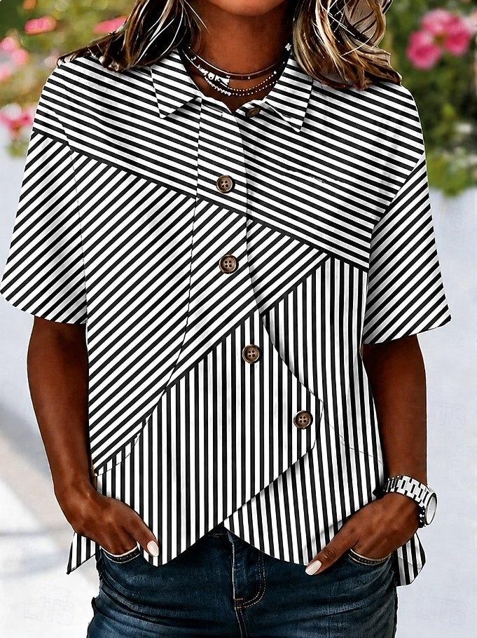 Women's Shirt Patchwork Striped Bohemia Vacation Daily Sleeveless Turndown Long Tops Casual Blue Black Yellow Pink Green Summer Spring 2026 - $32.99 –P7