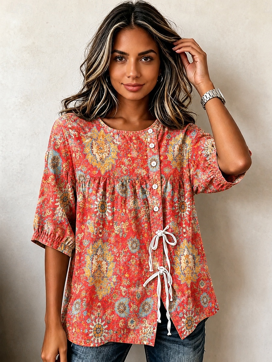 Femmes Chemisier Cordon de serrage Boutons Graphique Paisley Bohème Vacances ancien Manche 3/4 Col ras du cou Hauts Réguliers Occasionnel Bleu Orange Été Printemps de 2026 ? $32.99 –P1