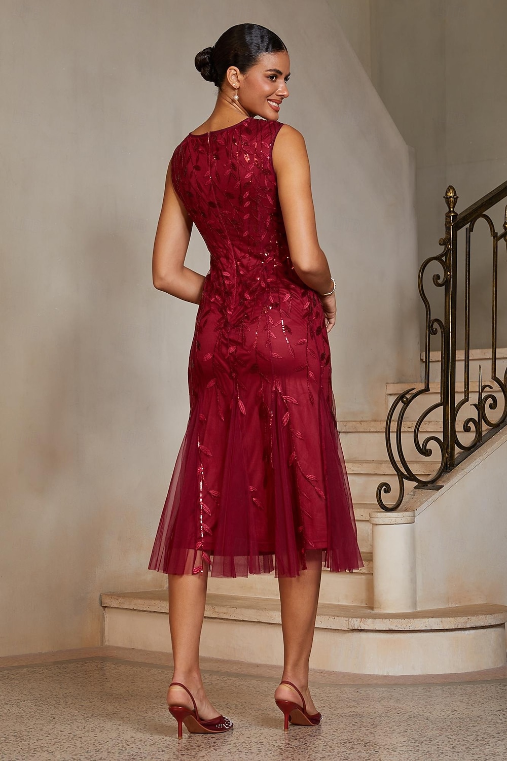 Women's Mermaid Trumpet Cocktail Dress Wedding Guest Dress Tea Length Boat Neck Sleeveless Elegant Vintage 1980s Mother Of The Bride Party Semi Formal with Mesh Glitter Embroidery Flared Tulle Hem 2026 - $119.99 –P4