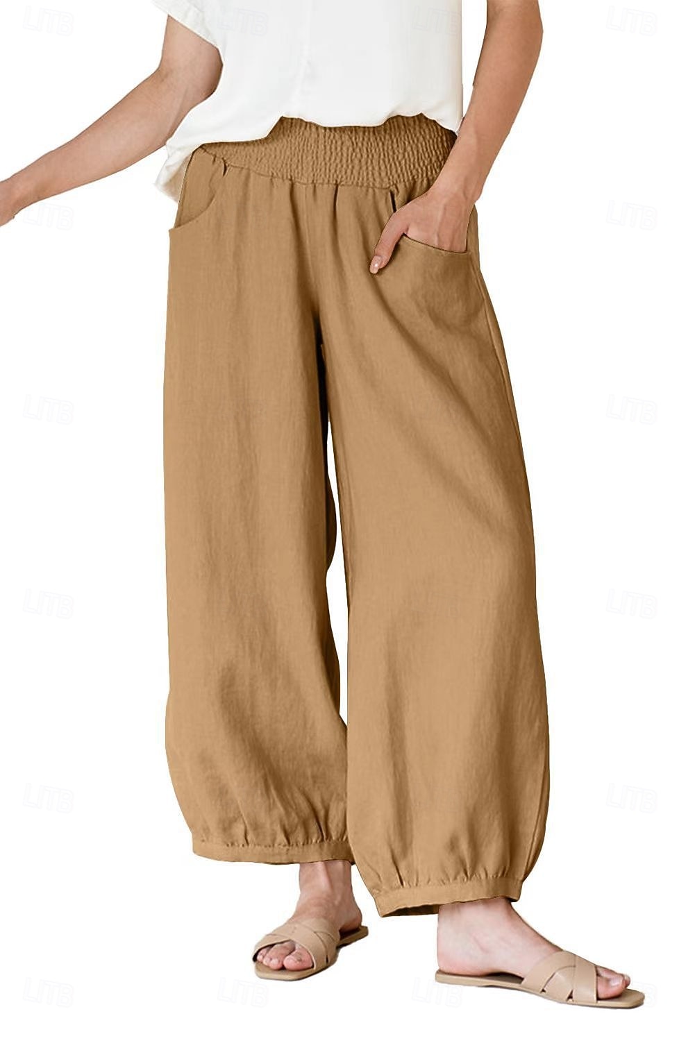 Women's Wide Leg Cropped Pants Fashion Casual Ankle-Length Medium Waist Solid Color Pocket Comfort Casual Vacation Dark Brown Khaki Black Summer Spring Loose Fit 2026 - $24.99 –P4