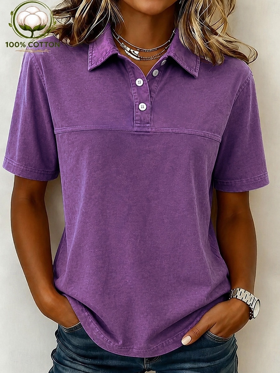 softfade™ dameskjorte i vintage-stil i 100 % bomull med henley-motiv – mykt vaskede, korte ermer 2026 - $28.99 –P13