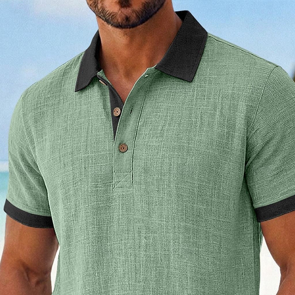 Men's Linen Shirt Polo Shirts Casual Vacation Classic Short Sleeve Fashion Solid Color Textured Color Block Buttons Summer Spring Regular Fit Light Green Green Gray Light Blue Linen Shirt 2026 - $22.99 –P3