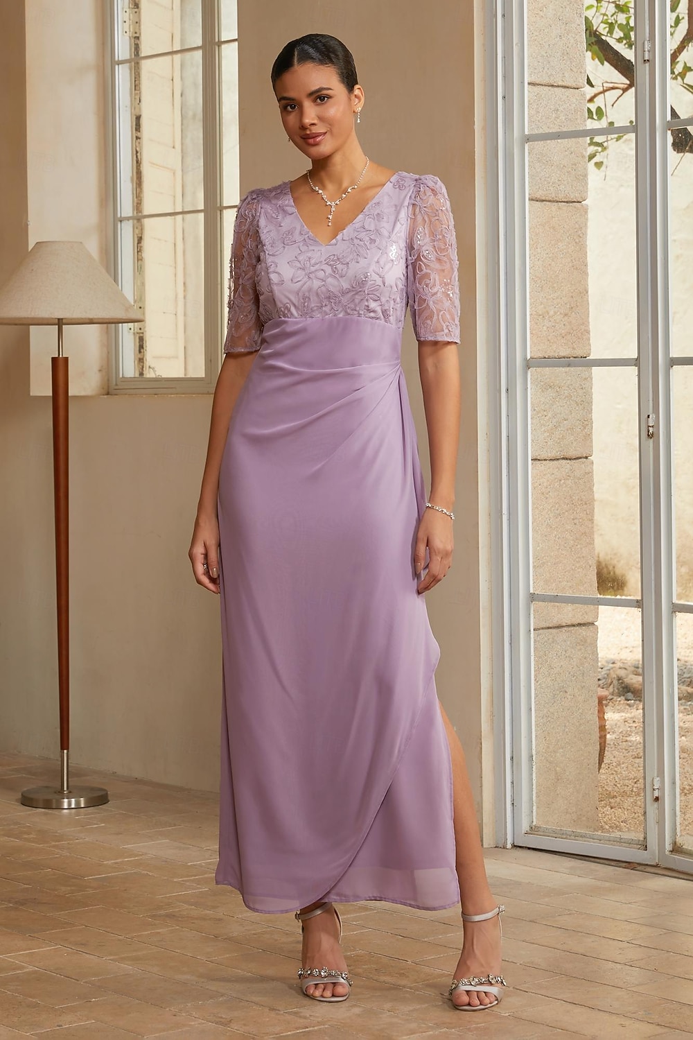 Women's Sheath Column Cocktail Dress Wedding Guest Dress Ankle Length V Neck Half Sleeve Illusion Sleeve Elegant Mother Of The Bride Semi Formal with Chiffon 3D Floral Mesh Slit Side Draping Lavender 2026 - $119.99 –P1