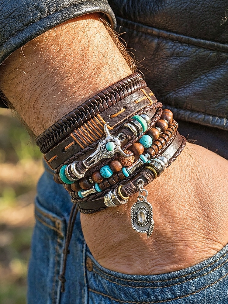 Conjunto de 6 pulseras boho de capas para hombre, con cuentas de madera. &Pulseras de aleación con dije de cabeza de toro y pluma, joyería de estilo occidental para uso casual, viajes, festivales, 2026 - $11.99 –P2