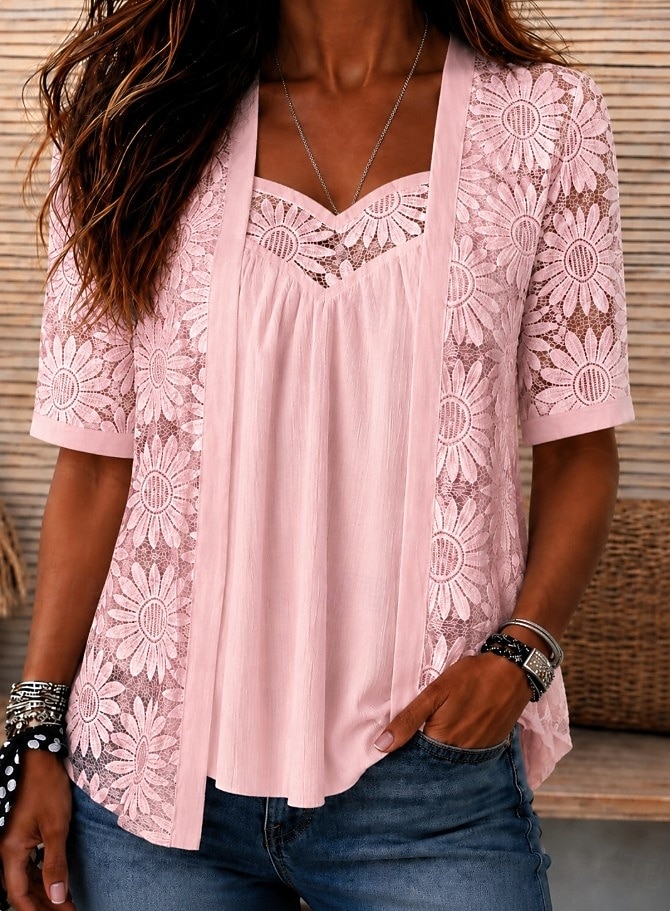 Dames Overhemd Oogje top Boho-shirt Kanten overhemd Kant Ombre Bloemig Grafisch Elegant Bohemen Vakantie Korte mouw V-hals Croptops Casual Wit Zomer Lente 2026 - $24.99 –P4