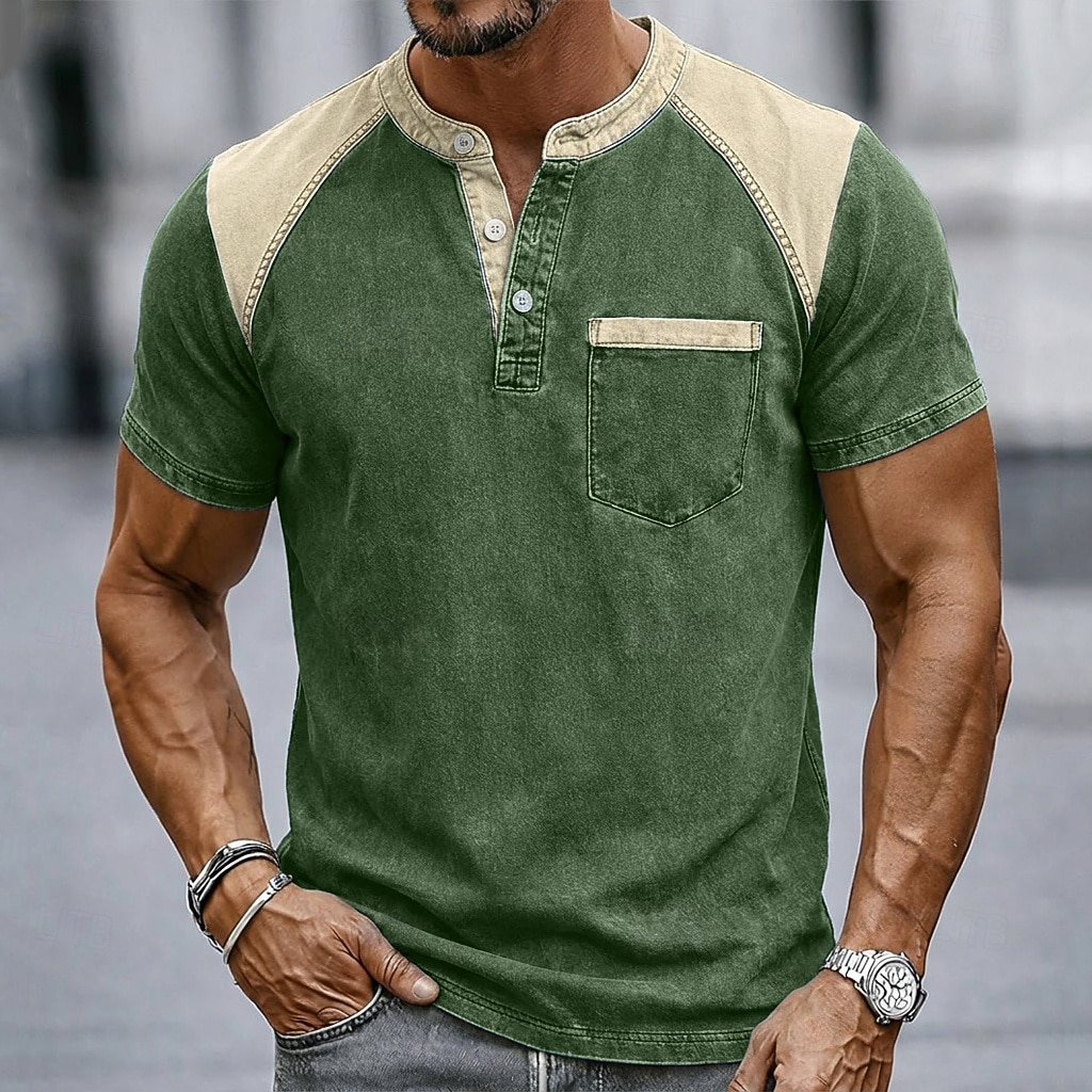 Men's T Shirt Henley Shirt 100% Cotton Acid Wash Shirt Tee Top Short Sleeve Plain Vintage Streetwear Casual Color Block Garment Dyed Raglan Sleeves Henley Casual Home Street Fall & Winter Summer 2026 - $35.99 –P8