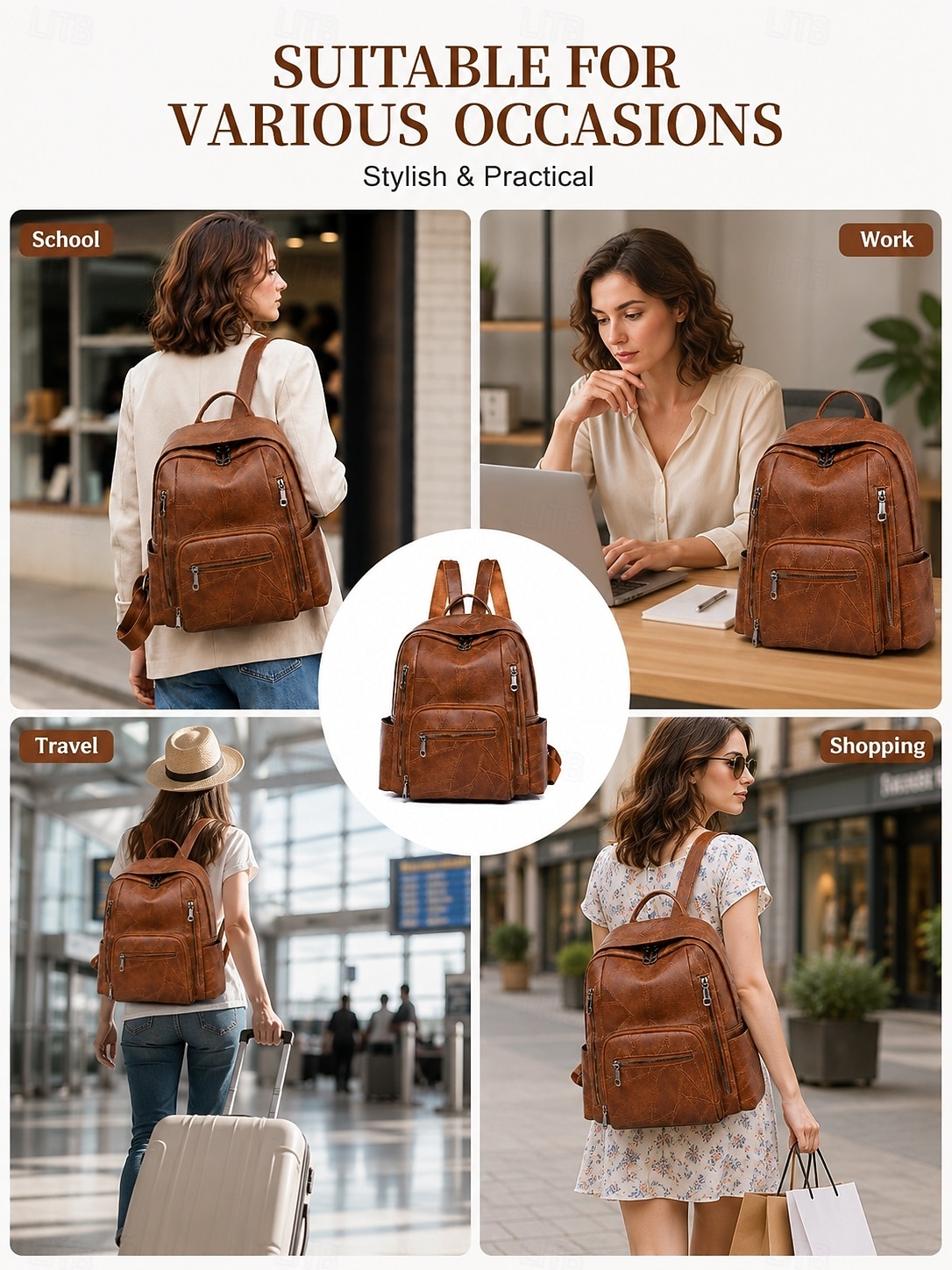 Zaino da donna vintage in pelle, borsa da viaggio antifurto di grande capacità con molteplici tasche per università, lavoro, shopping e spostamenti quotidiani del 2026 a $32.99 –P2