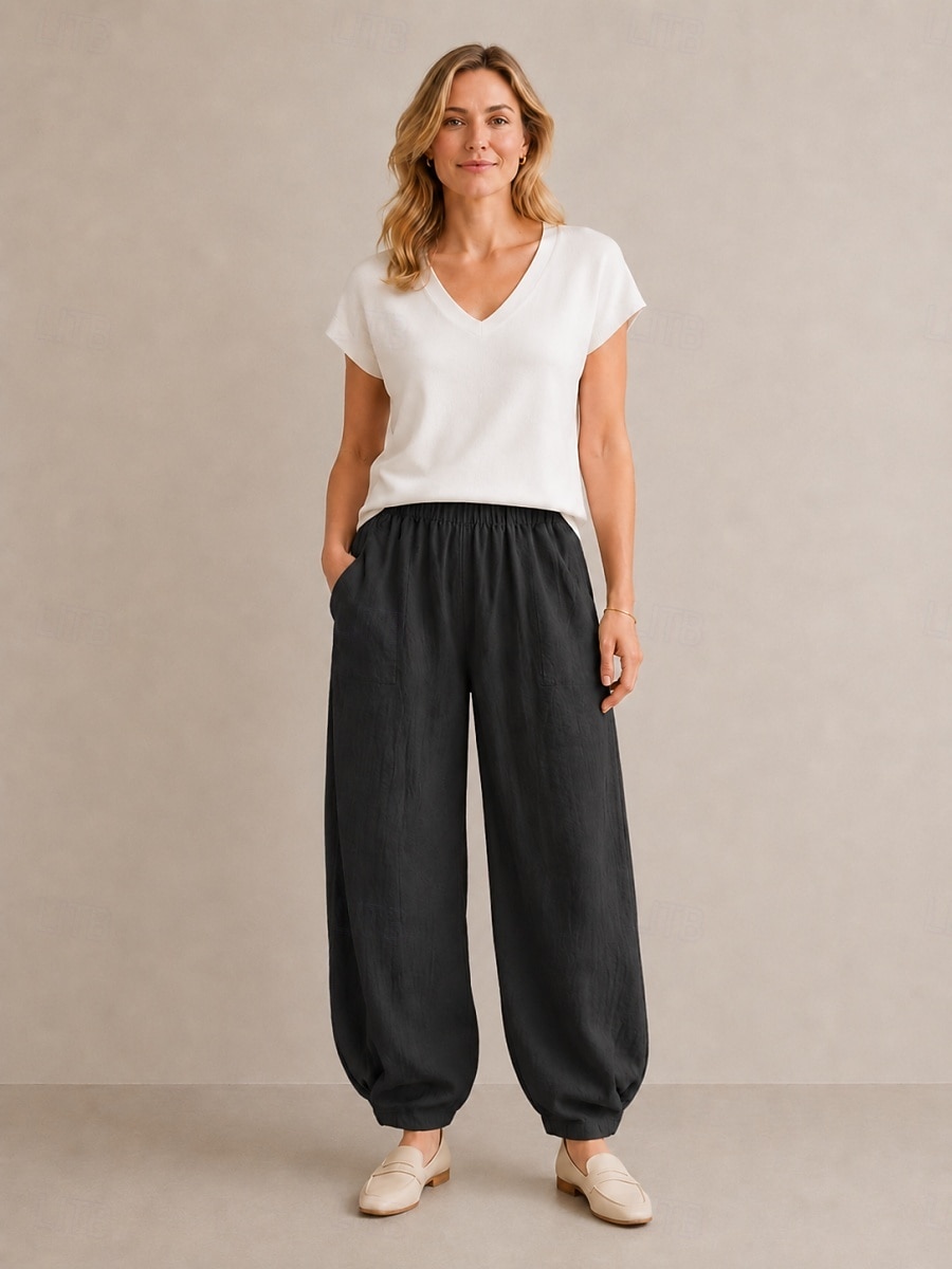 Pantalon bloomer en lin pour femme, taille mi-haute, longueur cheville, poche, ceinture élastique, idéal pour les vacances de 2026 ? $49.99 –P10