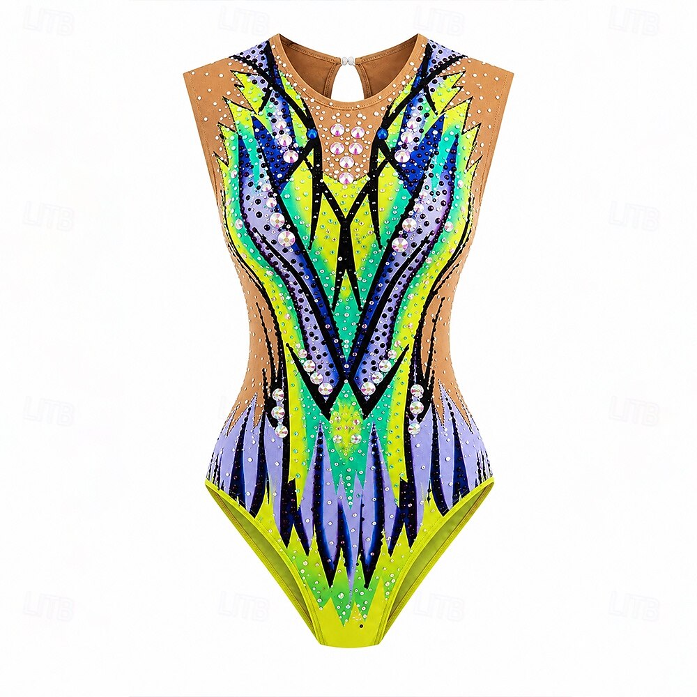 Figure Skating Leotard Women's Ice Skating Figure Skating Leotard Blue+Green Patchwork Stretchy Training Competition Skating Wear Classic Crystal / Rhinestone Sleeveless Ice Skating Figure Skating 2026 - $298.19 –P1