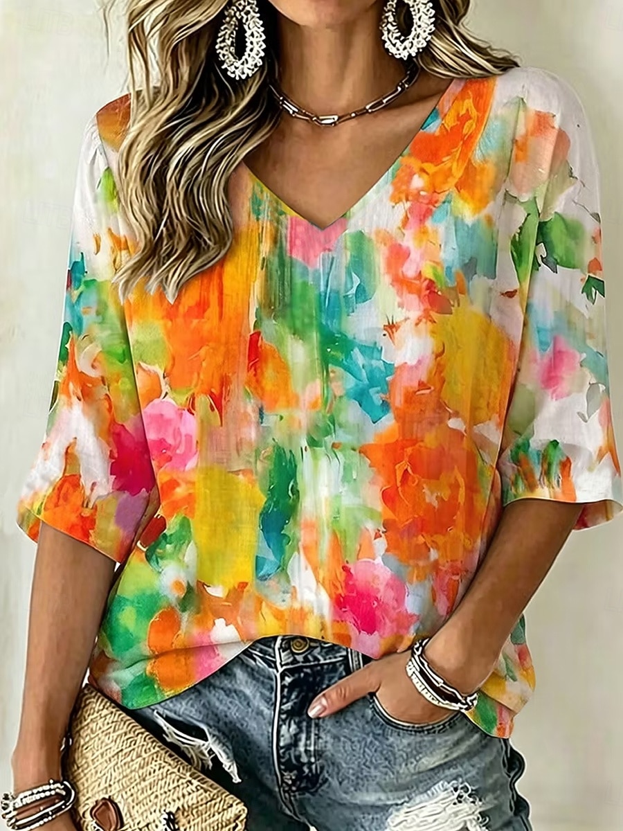 Dames Overhemd Ombre Grafisch Geometrisch Bohemen Vintage Modieus 3/4 mouw V-hals Normale tops Casual Dagelijks Uitgaan Geel Oranje Zomer Lente 2026 - $26.99 –P1