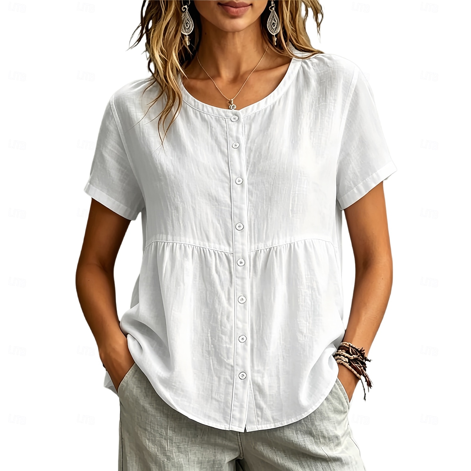 Dames Overhemd Blouse Lapwerk Knop Effen Kleur Elegant Casual Korte mouw Strakke ronde hals Normale tops Casual geel groen Zwart Wit Wijn Lichtgrijs Lente 2026 - $23.99 –P2
