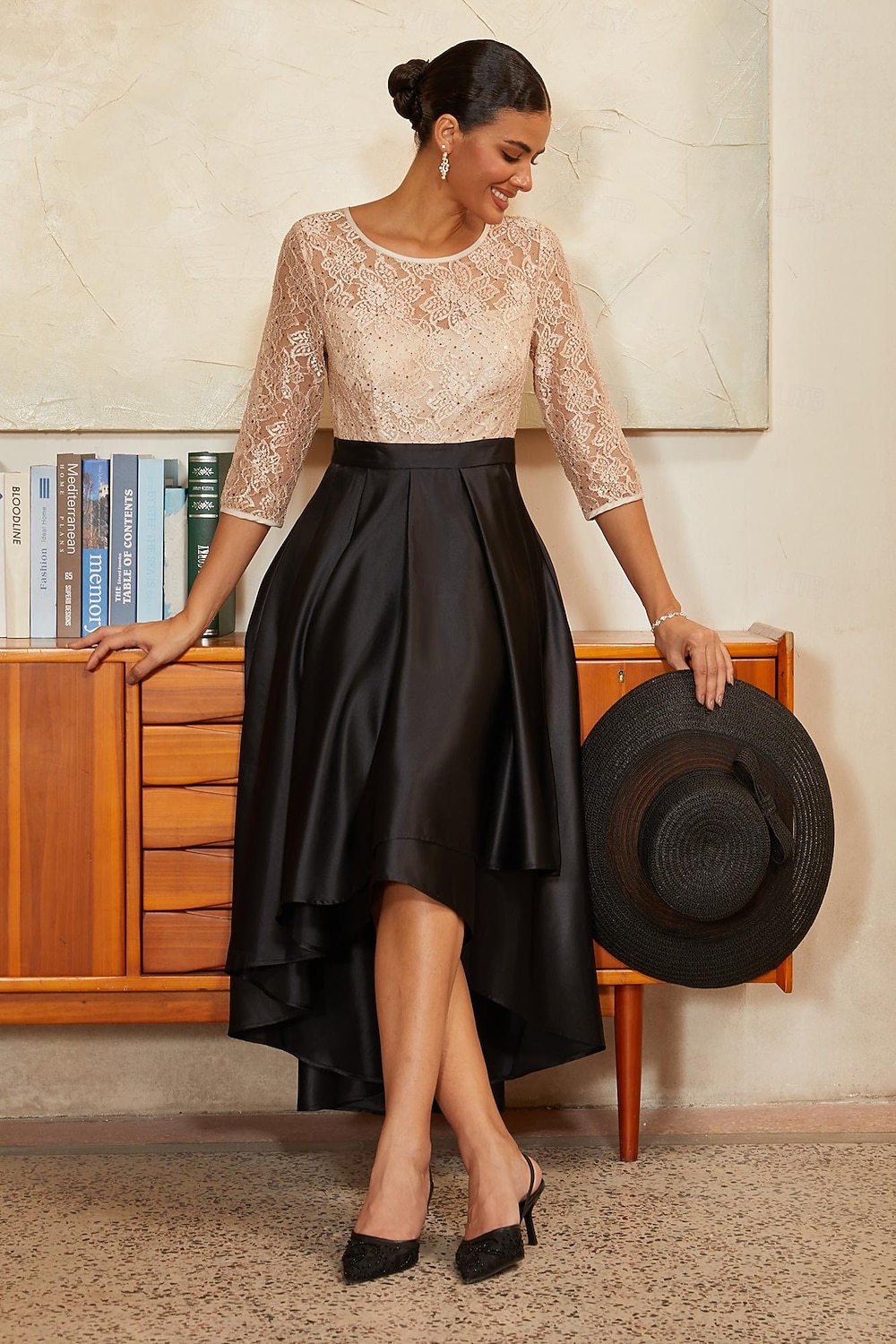 Damen A-Linie High-Low-Kleid Cocktailkleid Kleid für Hochzeitsgäste Knöchellänge Rundhalsausschnitt Dreiviertelarm Illusionsärmel Hohe Taille Elegant Mutter der Braut mit Satin Paillettenspitze 2026 - $119.99 –P2