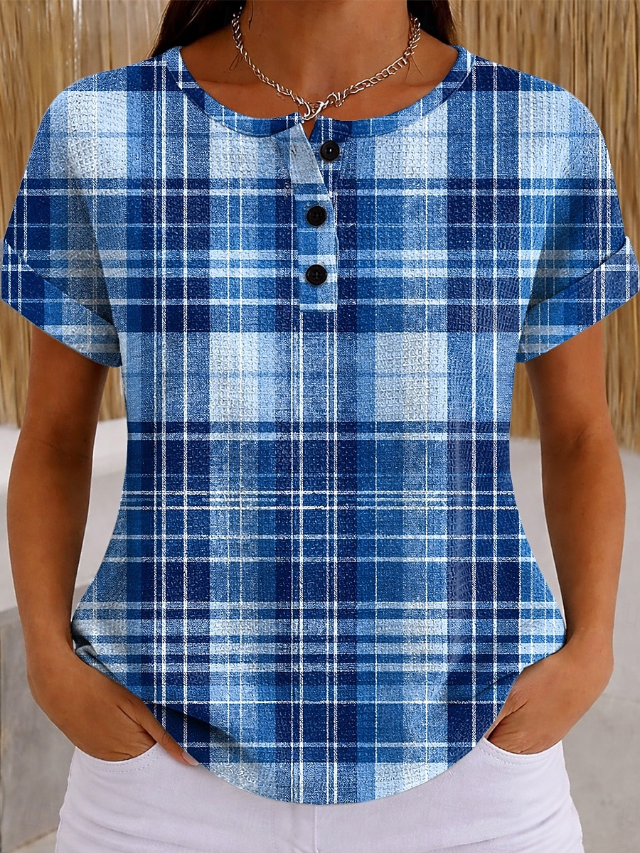 Women's T Shirt Color Block Print Graphic Geometric Plaid Vintage Stylish Classic Short Sleeve Crew Neck Long Tops Casual Daily Blue Pink Orange Green Summer Spring 2026 - $21.99 –P7