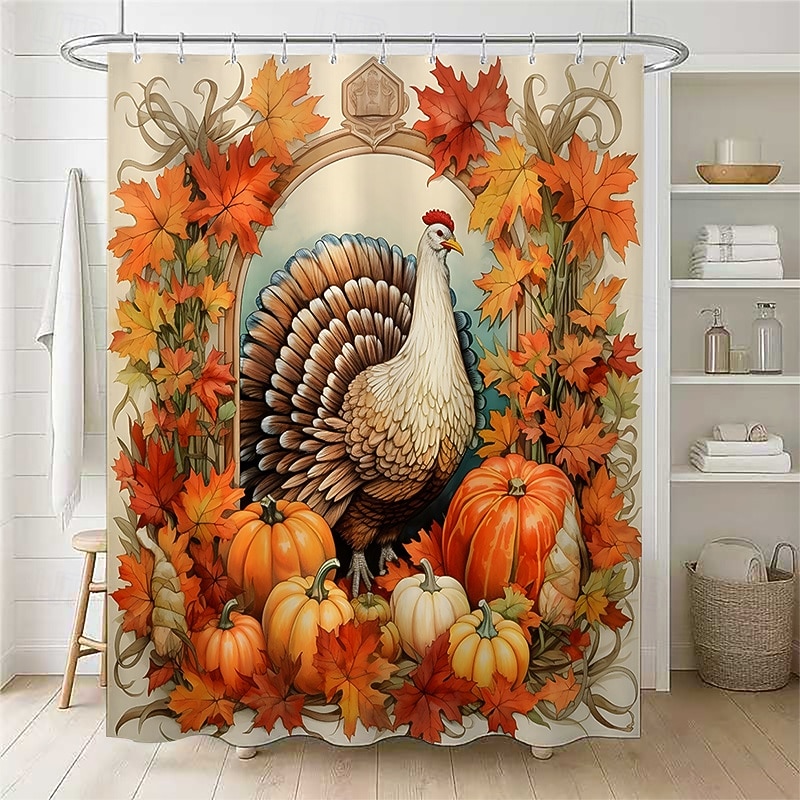 Autumn Harvest Festival Pumpkin Leaf Printed Shower Curtain, Waterproof Fabric Bathroom Decor with 12 Plastic Hooks, Machine Washable 2026 - $26.99 –P3
