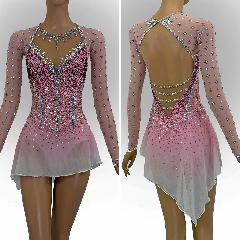 Robe de patinage artistique Femmes Patinage Robe Rose Patchwork Dos Nu Élastique Entraînement Compétition Tenue de Patinage Classique cristal pailleté manche longue Patinage sur glace Patinage de 2026 ? $536.99 –P1