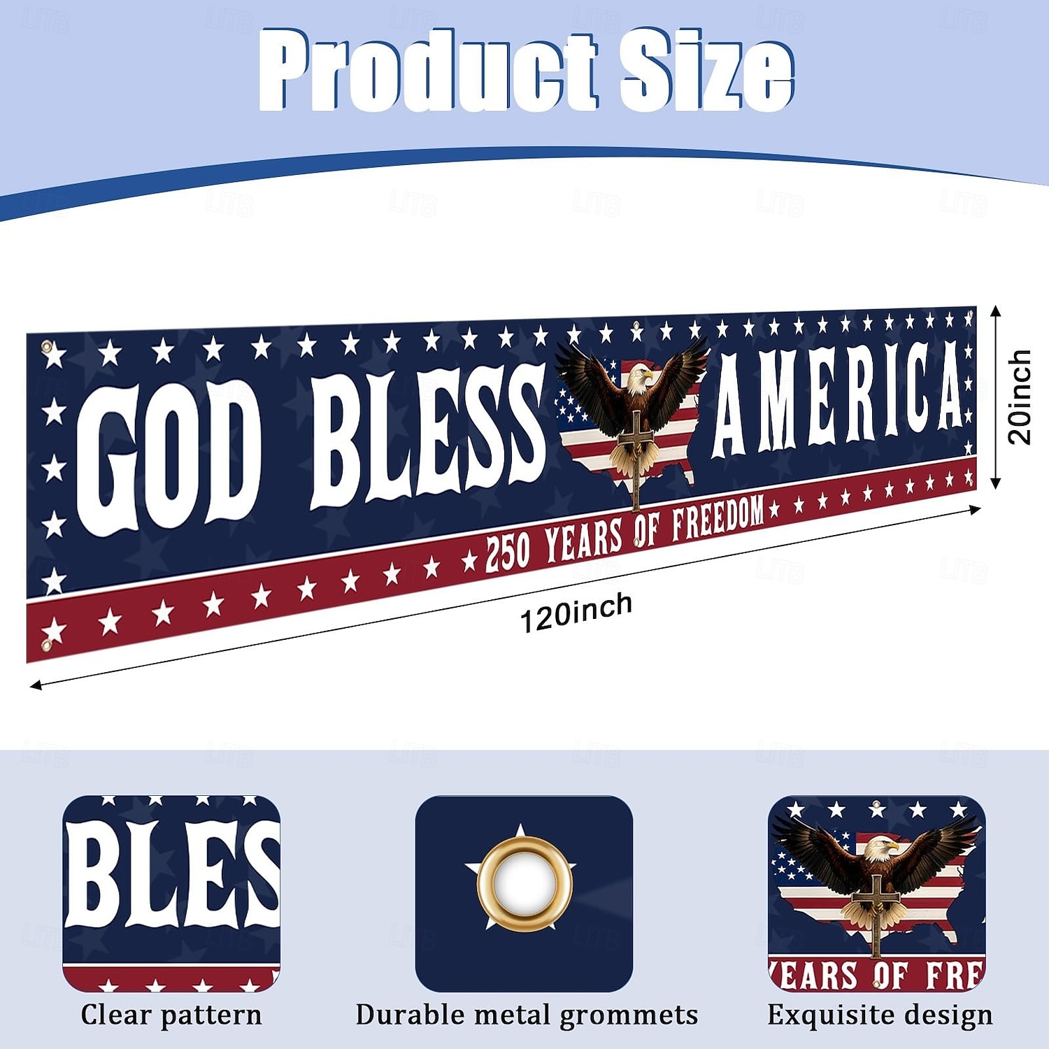 250-årsjubileum USA-flagg Gud velsigne Amerika-banner 4. juli-dekorasjoner stort 250-årsjubileumsbanner for utendørs, innendørs, hage, veranda, plen 2026 - $19.99 –P1