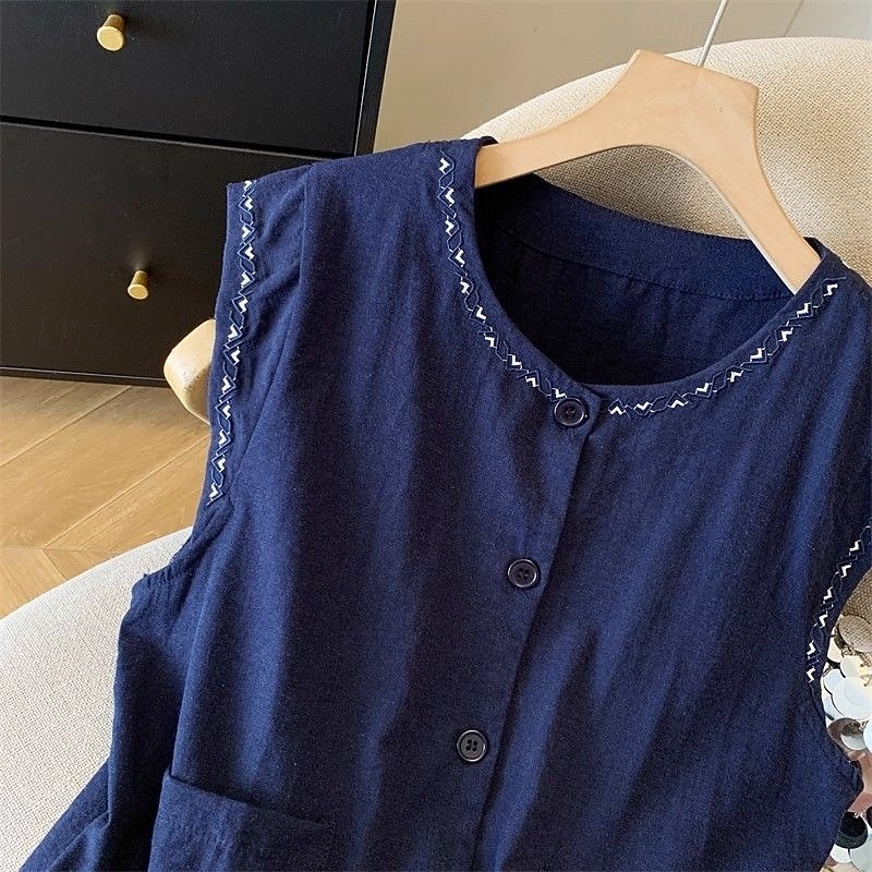 Mujer Chaleco de lino y algodón Camisa de verano Bordado Vintage Sin Mangas Cuello Barco Tops largos Casual Blanco Amarillo Azul Marino Verano Primavera 2026 - $21.99 –P4