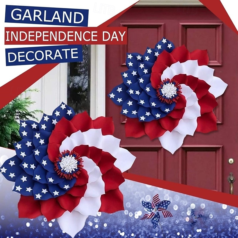 Patriotic American Flag Flower Wreath, 4th of July Independence Day Decor, Red White Blue Stars & Stripes Floral Wall Hanging for Front Door Porch, Memorial Day Veterans Day Decorations 2026 - $23.99 –P3