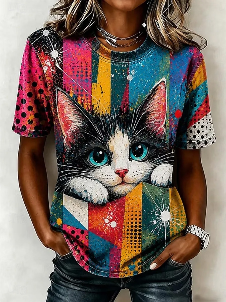 Per donna Maglietta Blocco di colore Stampato Grafico Animale Gatto Vintage Elegante Classico Manica Corta Girocollo Top lunghi Casuale Quotidiano Nero Rosso Marrone Verde Estate Primavera del 2026 a $21.99 –P3