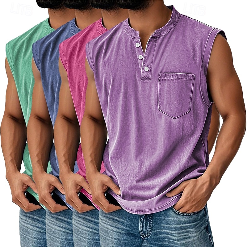 Men's 4-PCS Vest Top 100% Cotton Acid Wash Shirt Acid Wash Shirt Sleeveless Henley Summer Spring Plain Fashion Designer Basic Garment Dyed Vintage Washed Vacation Street Going out Top Tee for Men 2026 - $91.99 –P3