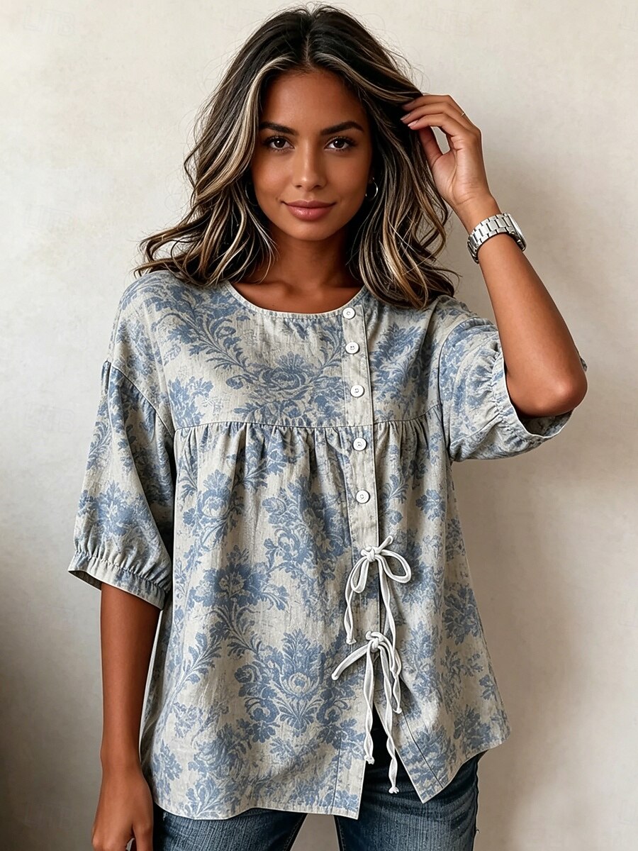 Femmes Chemisier Cordon de serrage Boutons Fleuri Graphique Élégant Vacances ancien Manche 3/4 Col ras du cou Hauts Réguliers Occasionnel Bleu Été Printemps de 2026 ? $32.99 –P3