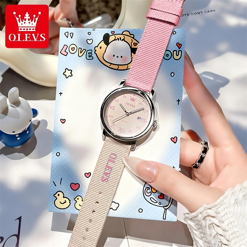 Olevs dameshorloge in roze, schattig analoog quartz polshorloge met datumweergave, casual modieus meisjeshorloge met ademende nylon band, waterdicht tot 30 meter, verjaardagscadeau voor tienermeisjes 2026 - $35.99 –P12