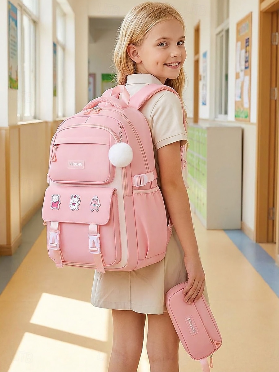 Girls Backpack Set 2PCS Water-Resistant School Backpack with Pencil Bag, Large Capacity Multi-Pocket Polyester Bookbag, Reflective Safety Strips, Pink Purple Off-White, Ideal for Elementary Middle Sch 2026 - $32.99 –P1
