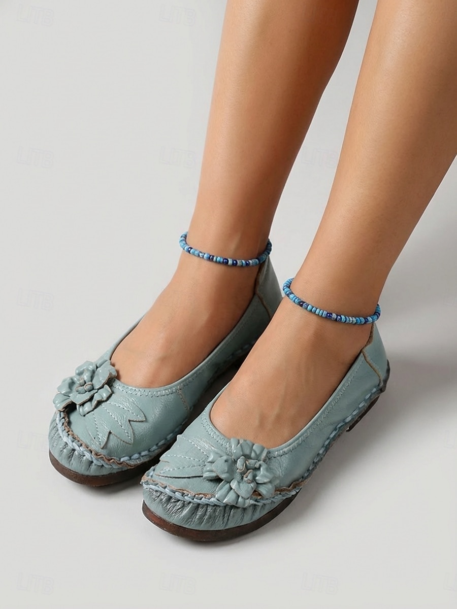 Dames ballerina's van premium rundleer in een brede pasvorm - handgemaakte comfortabele schoenen met 3D-bloemenapplicatie en gestikte afwerking, vintage instapschoenen voor casual gebruik, reizen en 2026 - $34.99 –P5
