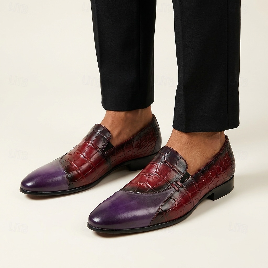bordowe mokasyny męskie z wytłoczonym wzorem krokodyla, wsuwane buty wizytowe, eleganckie buty ze szpiczastym noskiem na wesele, bankiet, wieczorne imprezy 2026 - $109.99 –P2