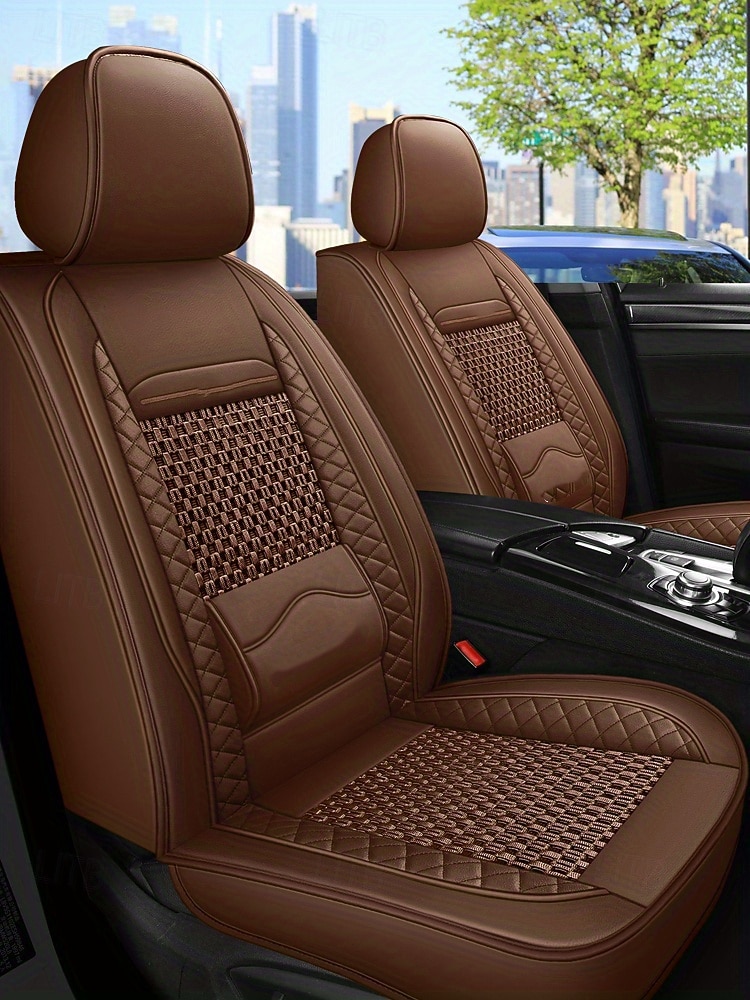 2-teiliges Set Autositzbezüge aus Kunstleder mit atmungsaktivem Air-Mesh-Gewebe &Lendenwirbelstütze, universell passend für Limousine, SUV und LKW, wasserdichter Vordersitzbezug aus PU-Leder für alle 2026 - $96.99 –P16