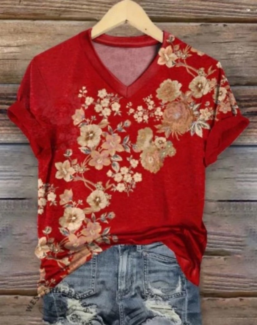 Per donna Maglietta Stampato Floreale Grafico Piante Essenziale Manica Corta Scollo a V Top Regolari Casuale Weekend Rosa Rosso Arcobaleno Estate Primavera Autunno Inverno del 2026 a $21.99 –P1