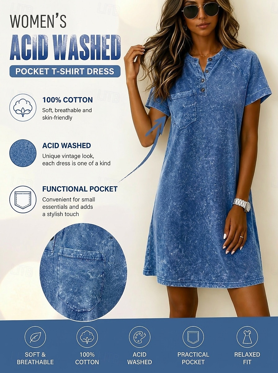 Women's 100% Cotton T Shirt Dress Washed Dress Loose Fit Plain Short Sleeve Crew Neck Knee Length Dress 2026 - $28.99 –P4