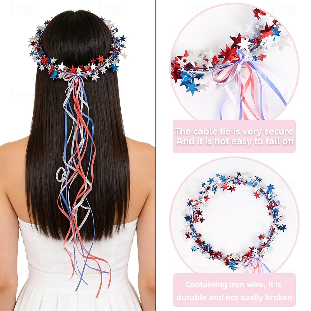 2 PCS Sparkling Americana Star Crown Headbands with Flowing Ribbons, Patriotic Red White Blue Hair Accessories for 4th of July Independence Day, Memorial Day, Veterans Day, Parades, Festivals 2026 - $11.99 –P12