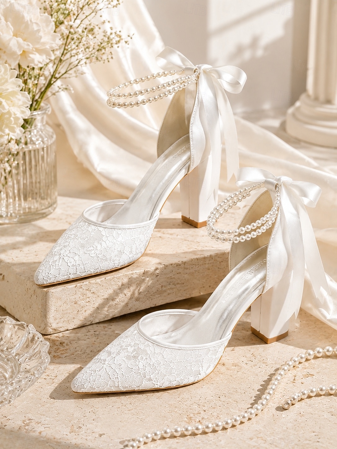 Women Wedding Guest Block Heel Pumps, Champagne Lace Pointed Toe Dress Shoes with Pearl Ankle Strap for Mother of the Bride 2026