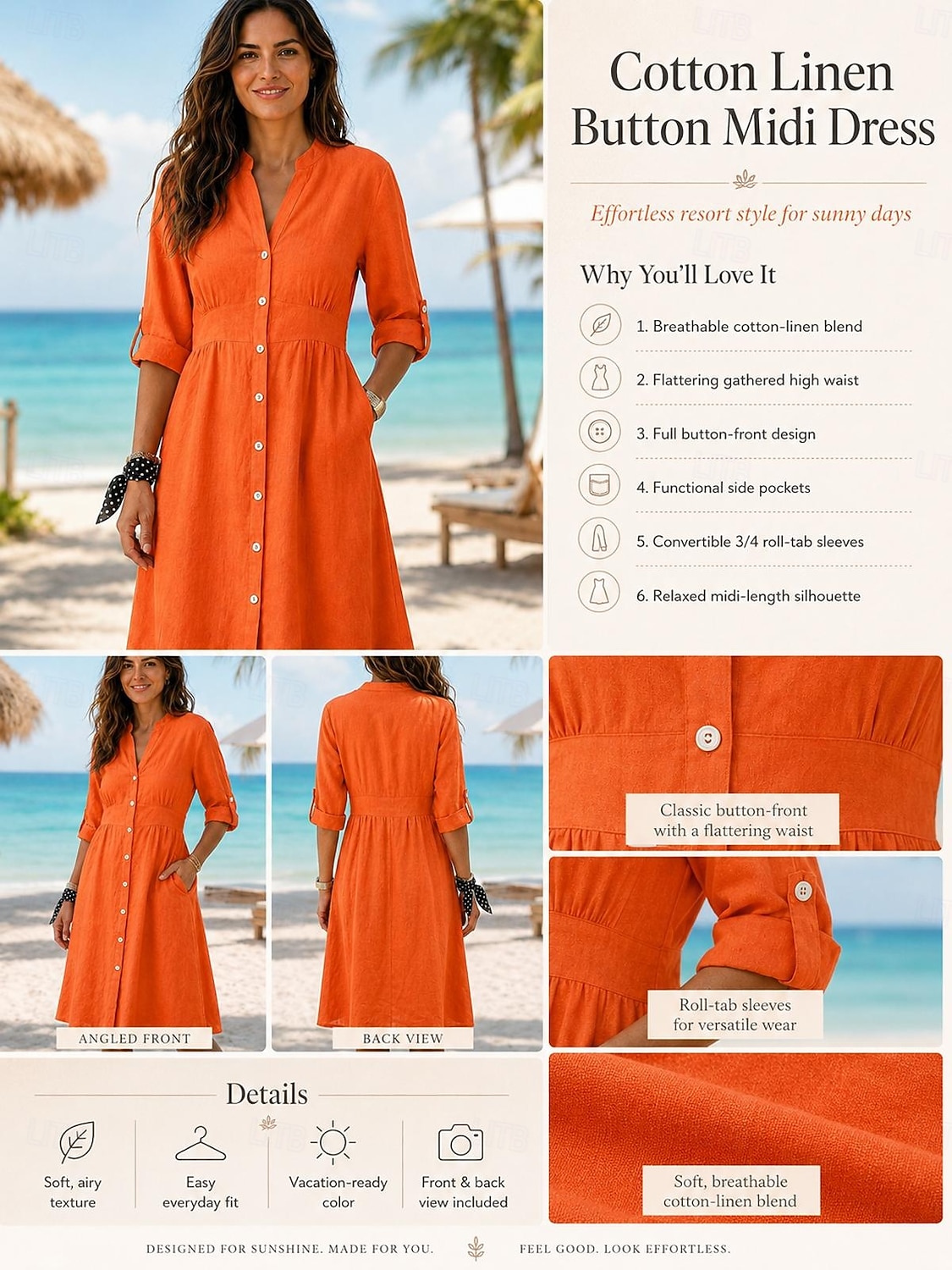 Dames Knielengte jurk Jurken van katoen en linnen Shirtjurk Elegant Vakantie Klassiek Dagelijks Kantoor Vakantie Normale pasvorm Effen Lange mouw V-hals Rood Marineblauw Oranje Zomer Lente 2026 - $41.99 –P4