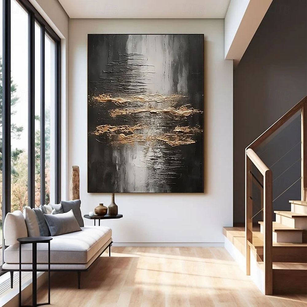 Grande peinture à l'huile faite main de style wabi-sabi, peinture murale noire et or, peinture texturée gris or, peinture abstraite minimaliste noire, art moderne, décoration murale de 2026 ? $118.99 –P2
