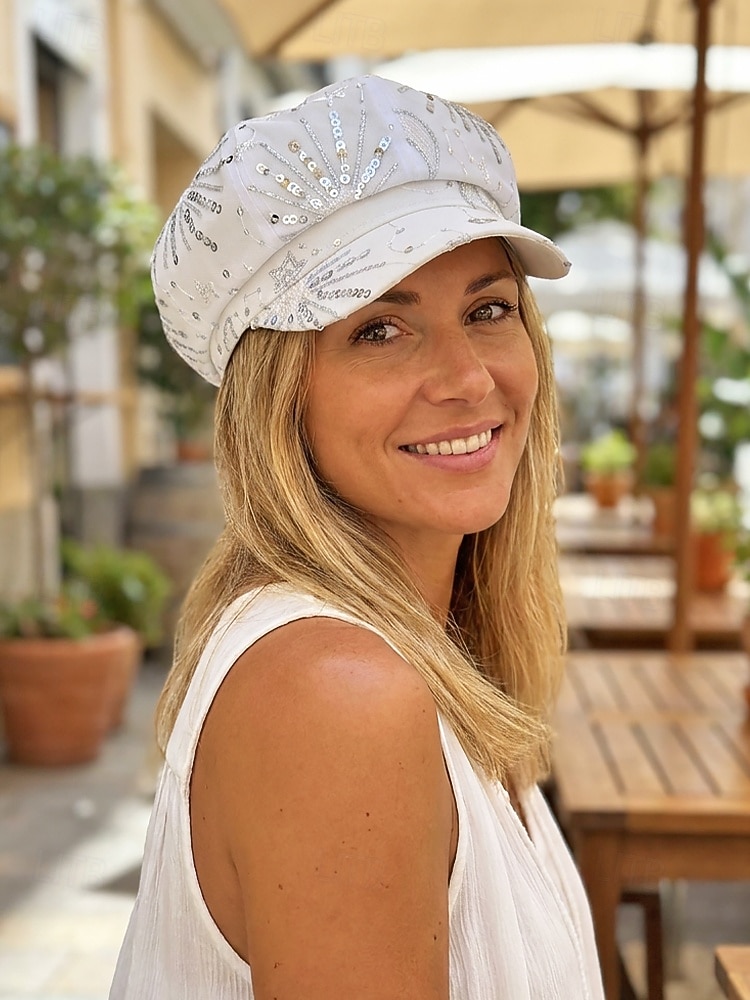 Zomerse pet met pailletten en sterrenmotief voor dames, gemaakt van ademend mesh. &linnenmix, resort &Platte reishoed, champagne goudbeige/wit/zwart, elegante dameshoed 2026 - $14.99 –P4