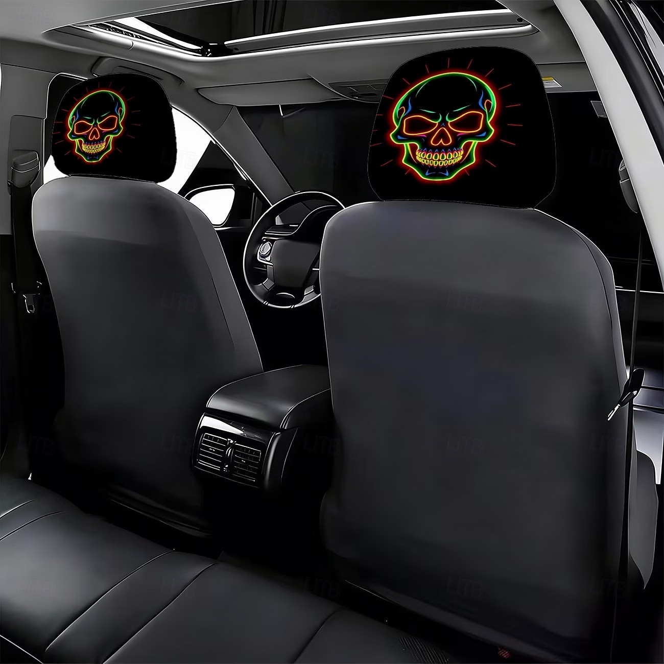Fundas para reposacabezas de coche con cabeza de calavera fluorescente de neón (2/4 unidades), estampado de calavera de neón moderno y atractivo, decoración interior de coche personalizada, ajuste 2026 - $16.99 –P5