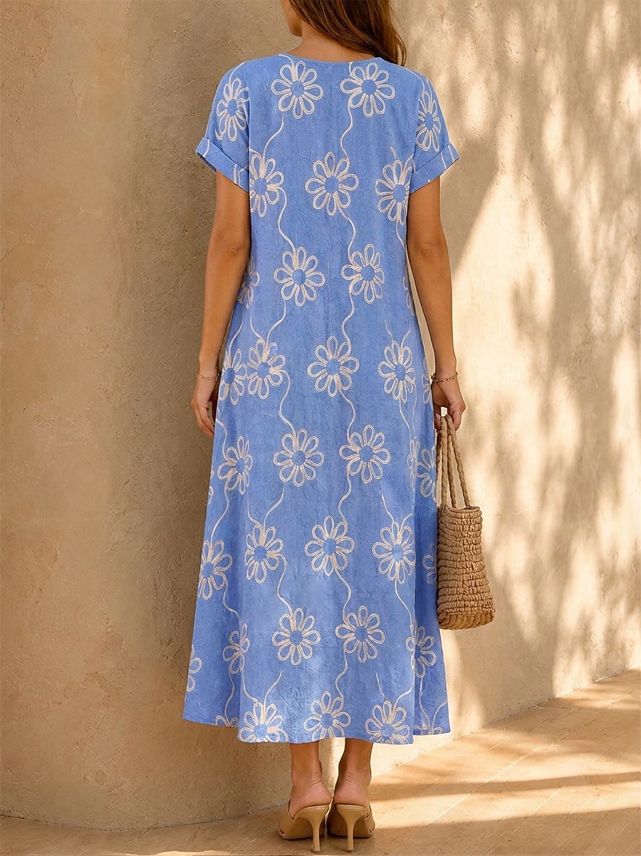 Pentru femei Rochii Midi Rochie cu broderie florală Rochie de vară De Bază Clasic Zilnic Vacanță Potrivire Largă Floral Manșon scurt În V Albastru piscină Alb Vară Primăvară 2026 - $33.99 –P3