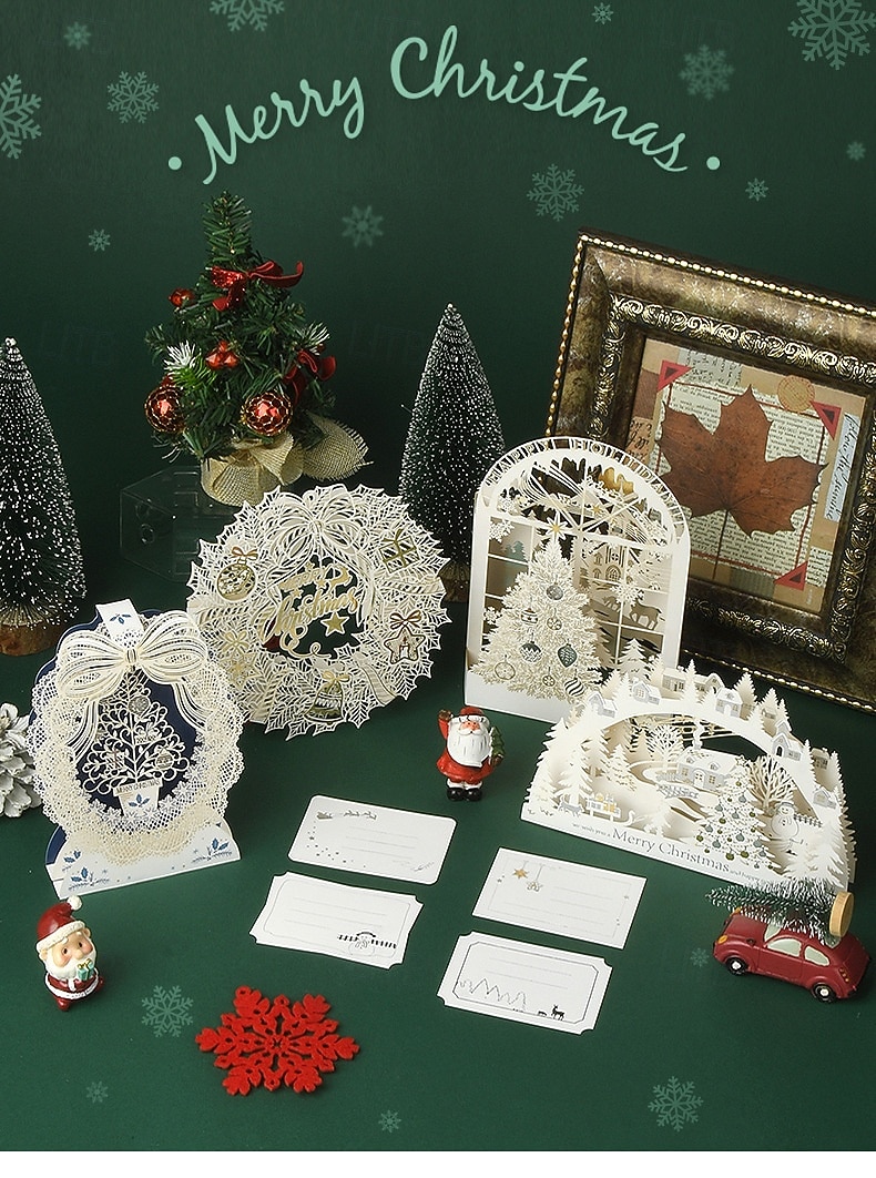 2026年 3Dポップアップクリスマスカード、レーザーカットの自立型グリーティングカードセット、メリークリスマスツリーリース雪の村のデザイン、家族や友人向けのエレガントな手作りホリデーカード、封筒付き新年ギフトカード  コレクション – $12.99 –P2