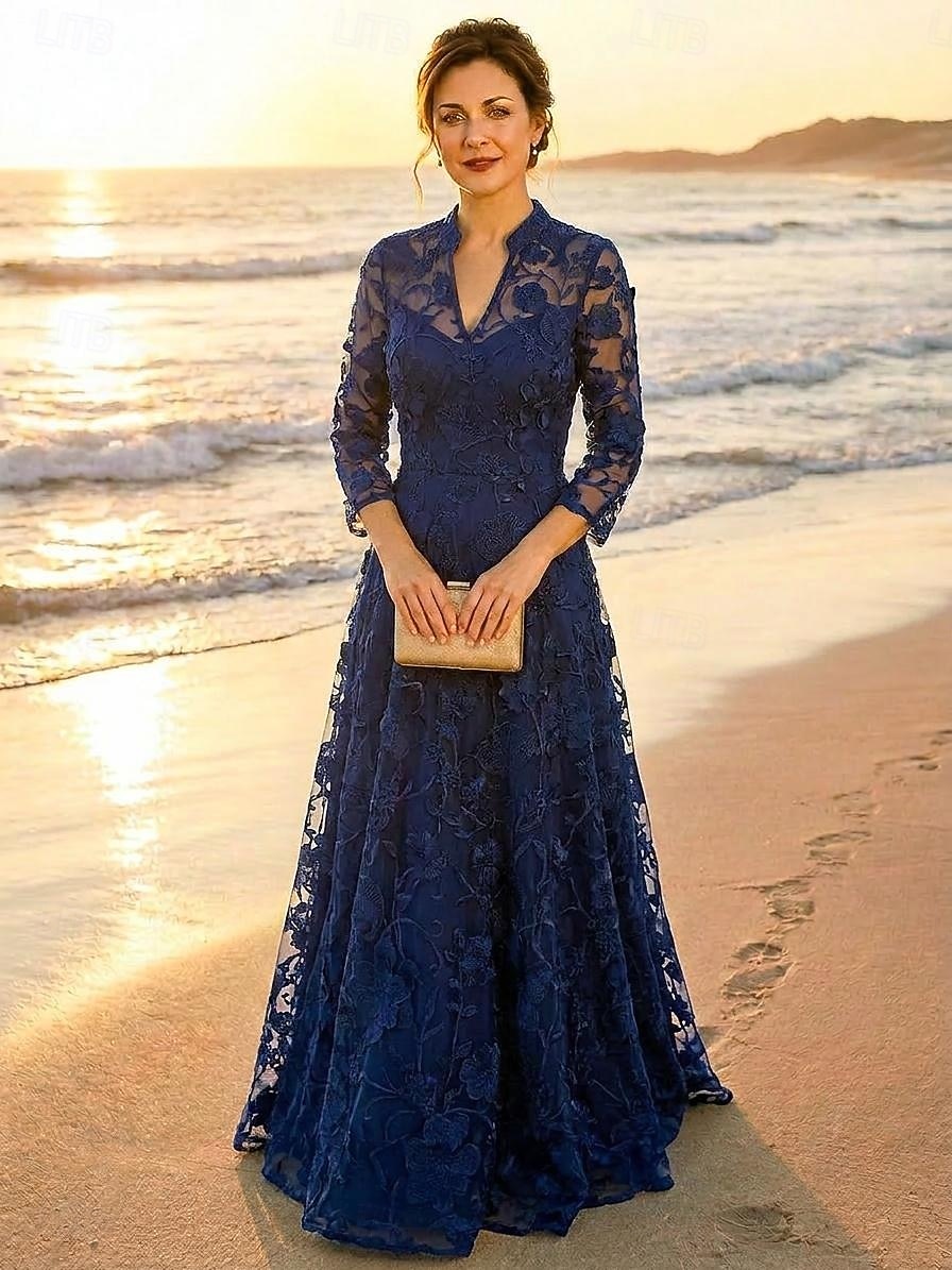Linia -A Rochii Lungime Podea Rochie de petrecere Rochie de Cocktail Rochie Mama Miresei Manșon Lung În V Elegant Epocă Luxos Oficial Invitat la nunta Petrecere Logodnă Dantelă Tulle cu Flori 3D 2026 - $194.99 –P1