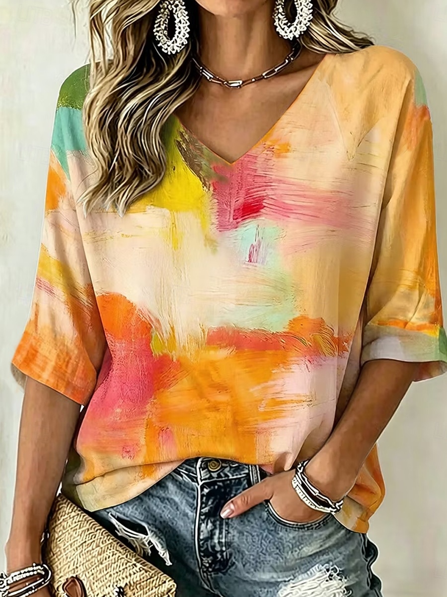 Dames Overhemd Ombre Grafisch Geometrisch Bohemen Vintage Modieus 3/4 mouw V-hals Normale tops Casual Dagelijks Uitgaan Geel Oranje Zomer Lente 2026 - $26.99 –P2