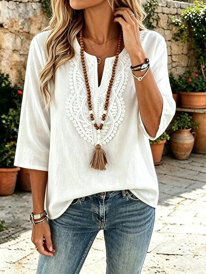 Damen Hemd Boho-Hemd Spitzenbluse Elegant Bohemien Urlaub Dreiviertelarm Lange Oberteile Lässig Täglich Ferien Blau Weiß Khaki Rosa Rote Sommer Frühling 2026 - $24.99 –P1