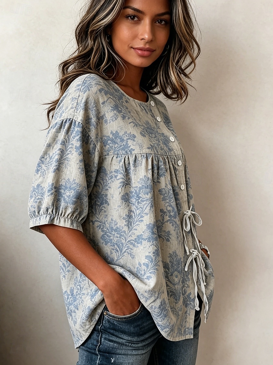 Femmes Chemisier Cordon de serrage Boutons Fleuri Graphique Élégant Vacances ancien Manche 3/4 Col ras du cou Hauts Réguliers Occasionnel Bleu Été Printemps de 2026 ? $32.99 –P4