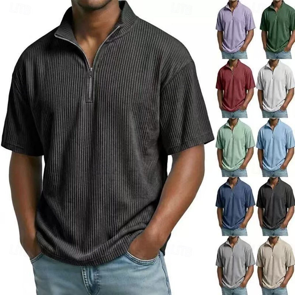 Men's Corduroy Shirt Polo Shirts Casual Daily Quarter Zip Short Sleeve Fashion Basic Plain Lightweight Quarter Zip Summer Spring Regular Fit Black White Wine Navy Blue Sky Blue Purple Corduroy Shirt 2026 - $24.99 –P1