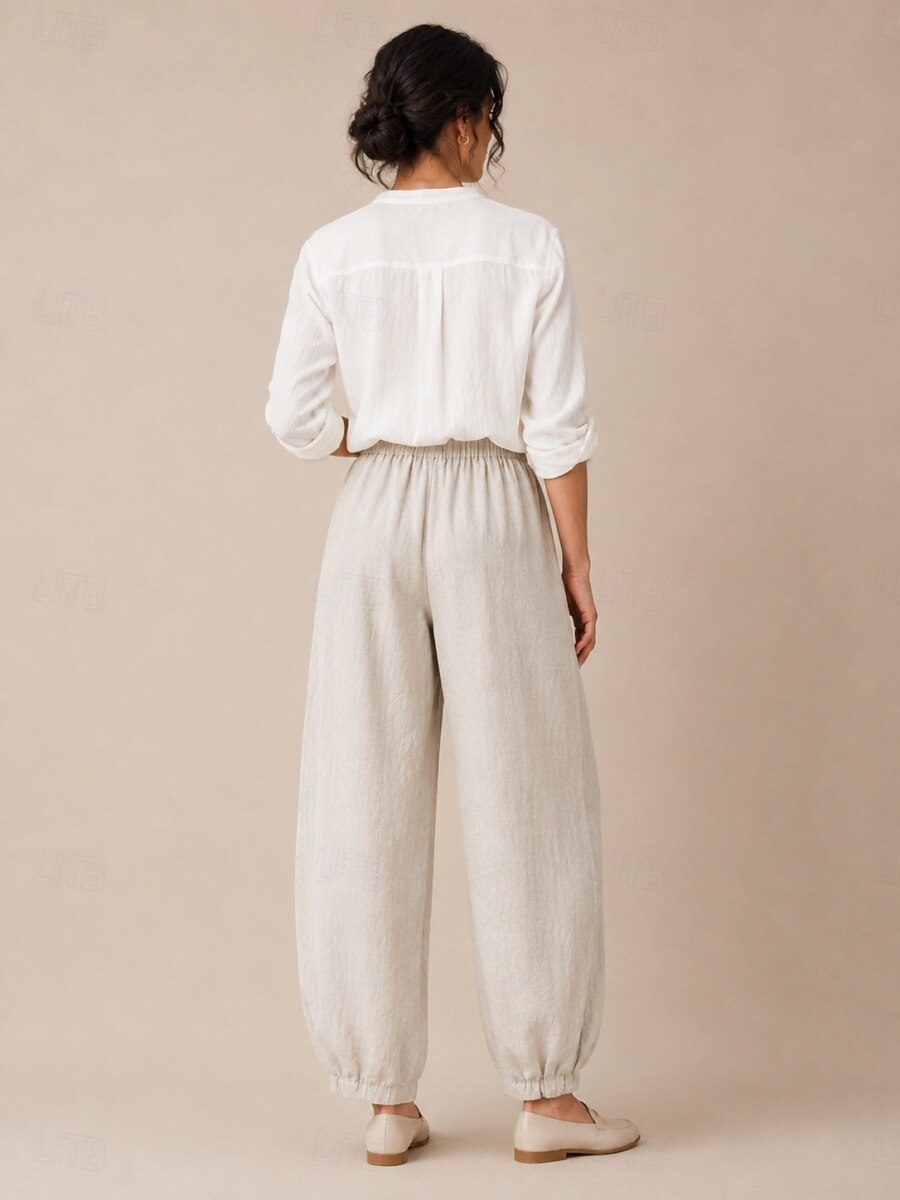 pantaloni de vară din in pentru femei, talie medie, lungime completă, buzunar, talie elastică, culoare vară, alb, negru, bleumarin închis, kaki, toamnă 2026 - $49.99 –P4