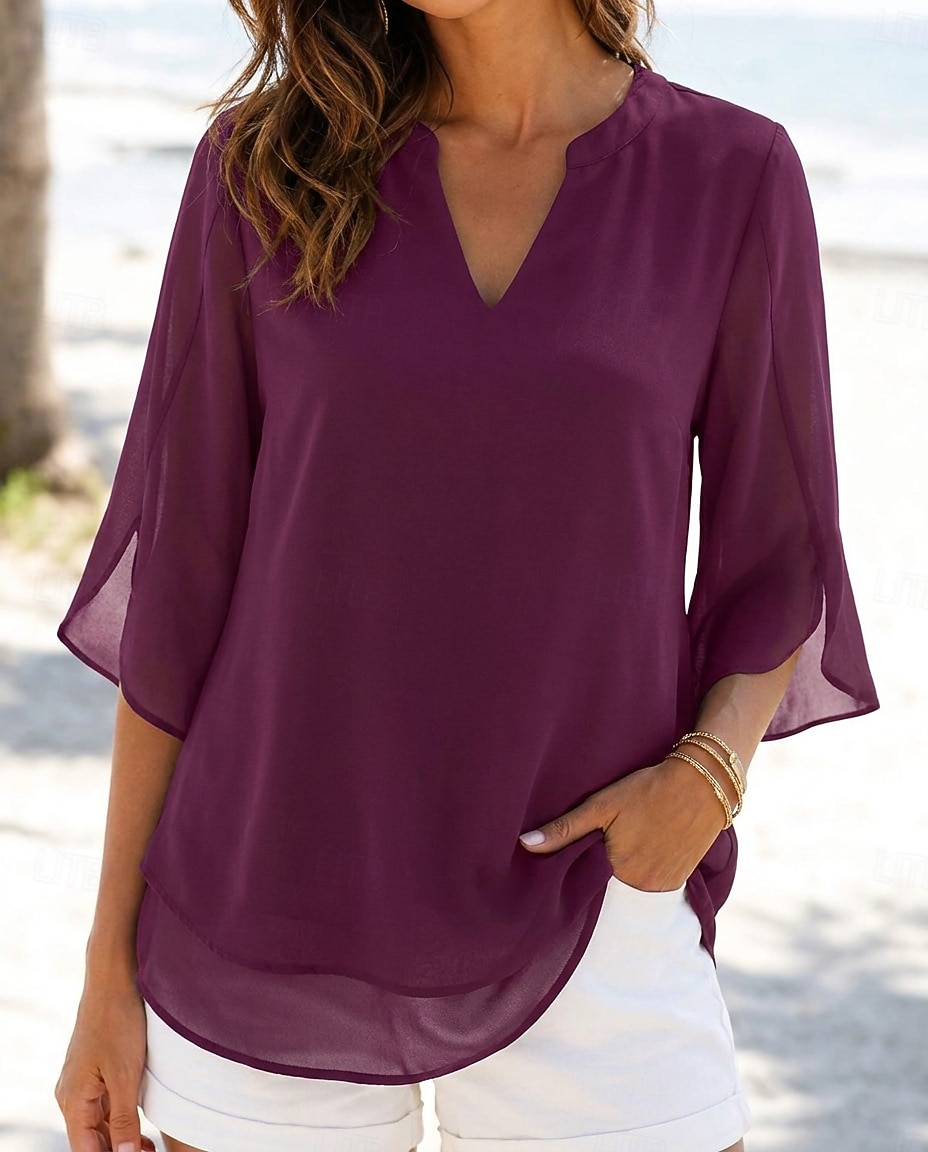 Per donna Top in chiffon Vacanza Vintage Quotidiano Scollo a V Top lunghi Casuale Nero Rosa Vino Blu marino Blu Reale Estate Primavera del 2026 a $23.99 –P6