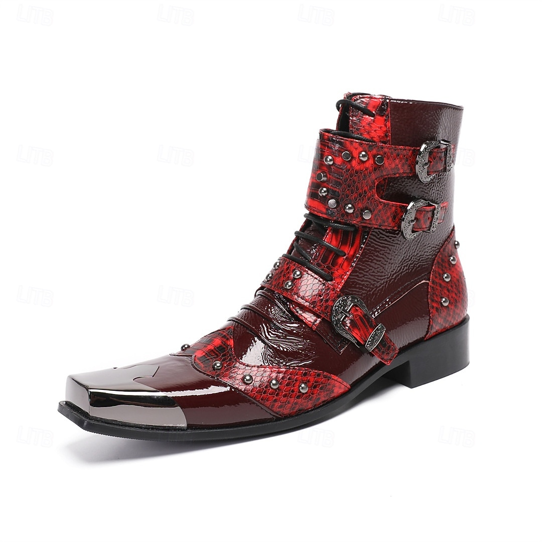 Men's Red Western Biker Boots – Exotic Buckle Ankle Boots, Vintage Cowboy Footwear for Motorcycle Riding, Concerts, Music Festivals and Nightlife 2026 - $149.99 –P5